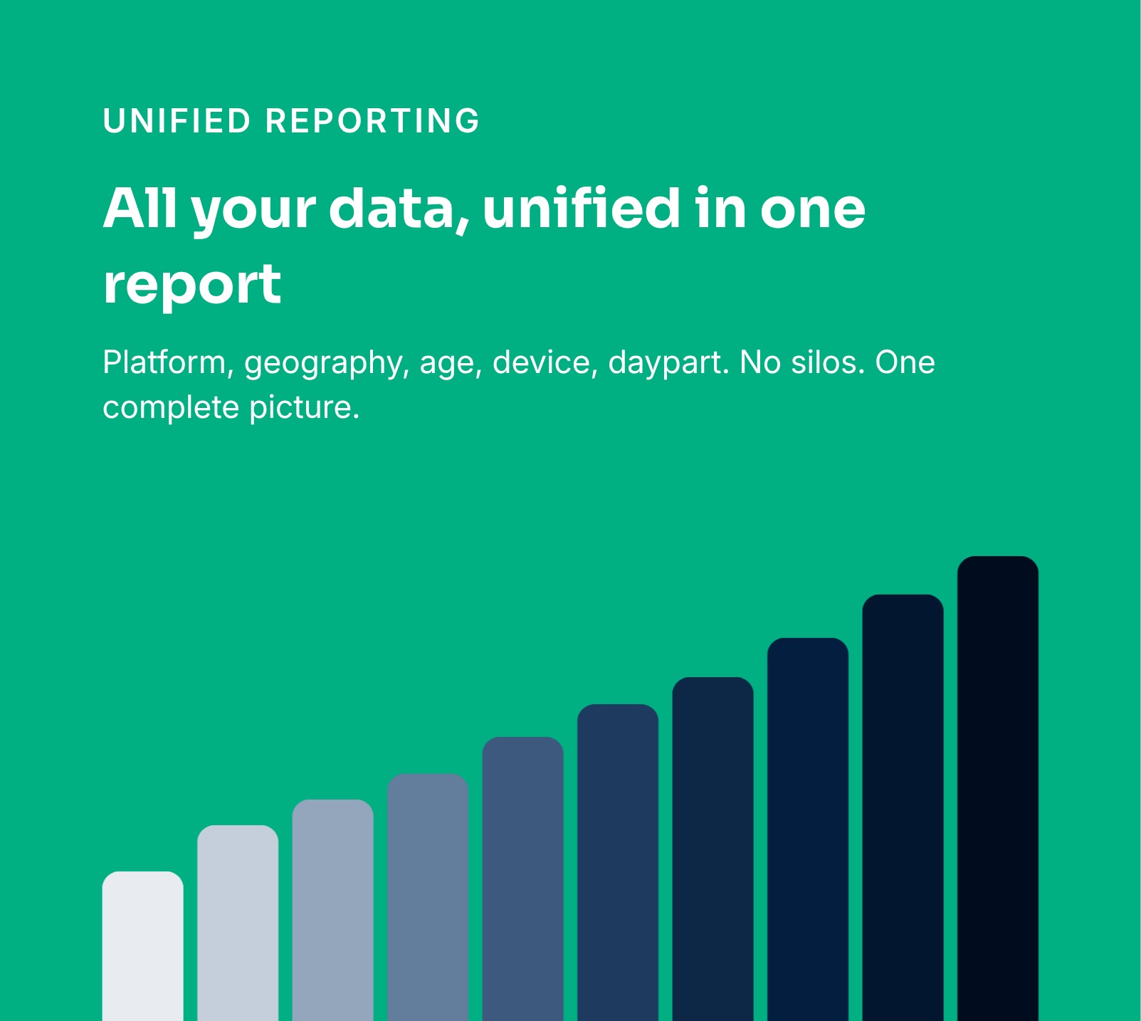 Unified reporting card: All your data, unified in one report. Platform, geography, age, device, daypart. No silos. One complete picture.