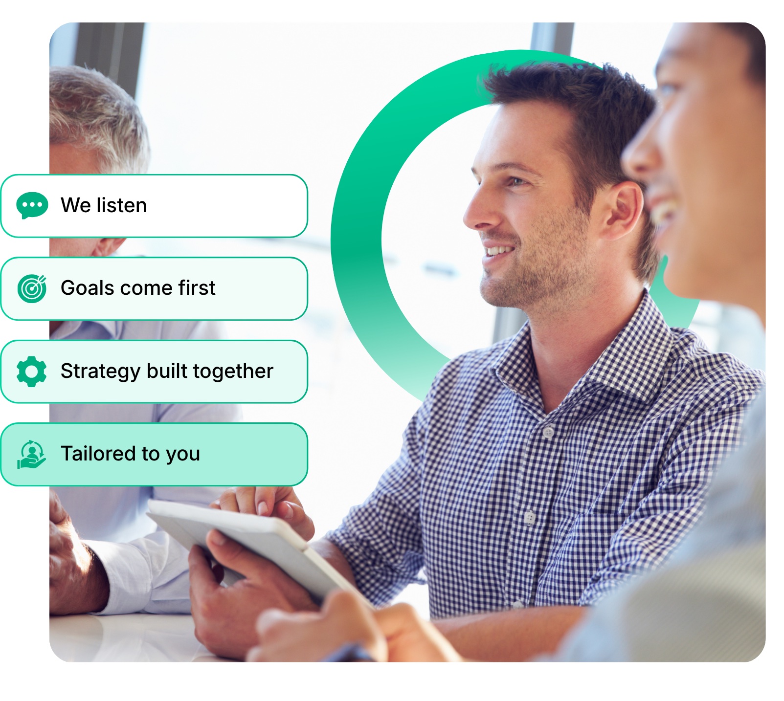 Clover strategist listening to a client, with floating pill cards reading 'We listen', 'Goals come first', 'Strategy built together', and 'Tailored to you'.