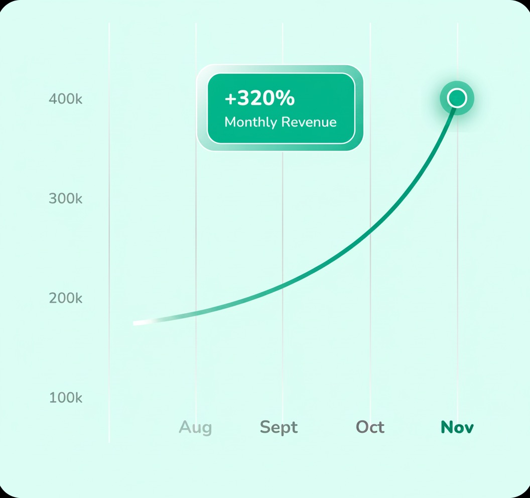 Line chart showing monthly revenue climbing from August to November with a callout marking plus three hundred and twenty percent monthly revenue growth.